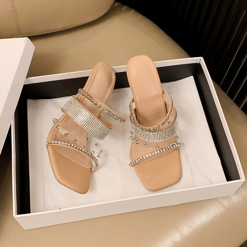 2025 Women's High Heel Crystal Diamond Rivet Slippers Purple Casual Pink Fashion Stiletto Sandals