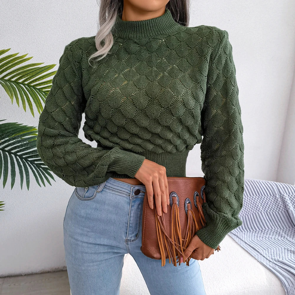 2025 Autumn Winter Hollow-Out Knit Crop Sweater – Casual Long Sleeve Slim Pullover for Women | LUSMAY