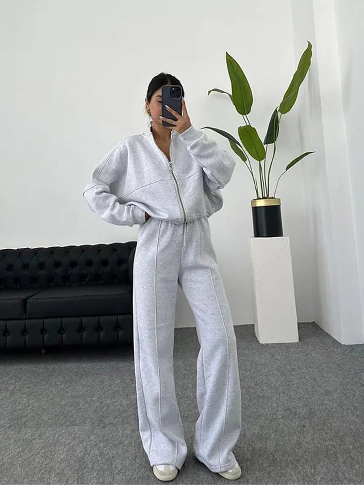 Casual Two-Piece Pants Suit – Zip-Up Cardigan Jacket & Wide-Leg Trousers Streetwear Set for Women