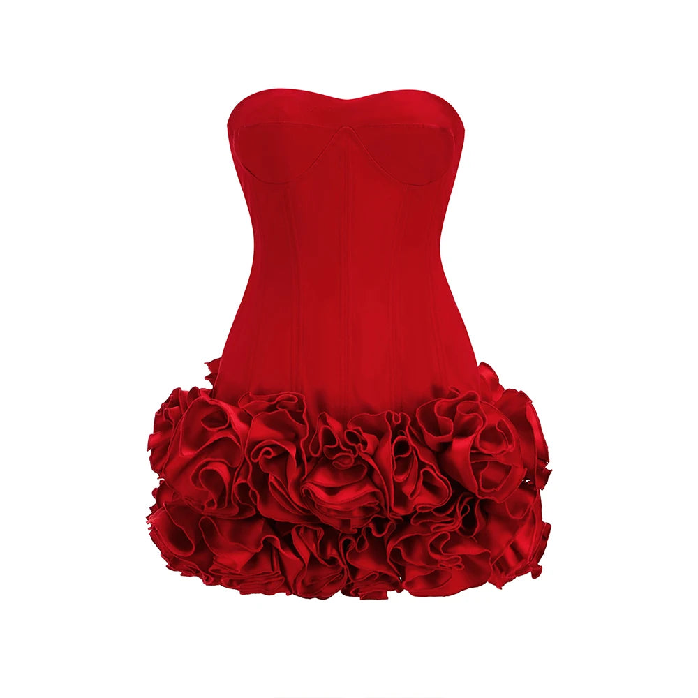 2026 Strapless Red Mini Dress – Structured Floral Embellished Backless Bodycon Cocktail Dress | Celebrity Party Style