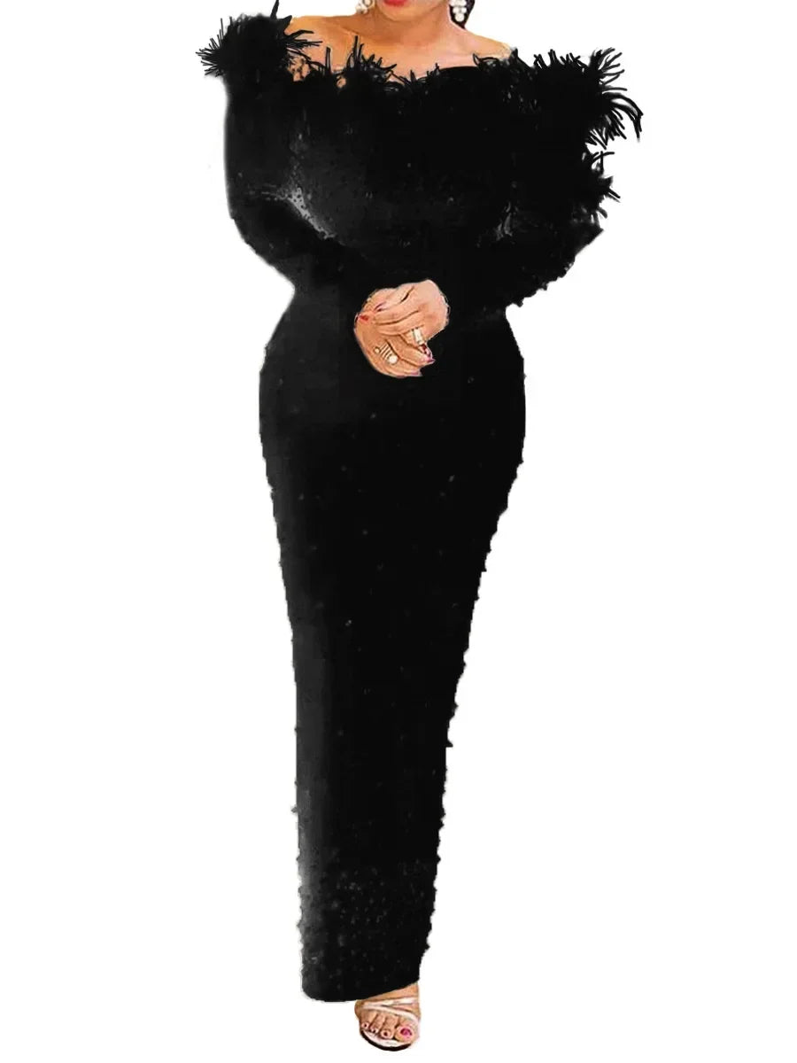 2026 Beaded Off-Shoulder Bodycon Midi Dress – Sexy Slash Neck High-Waist Sheath Party Dress for Women