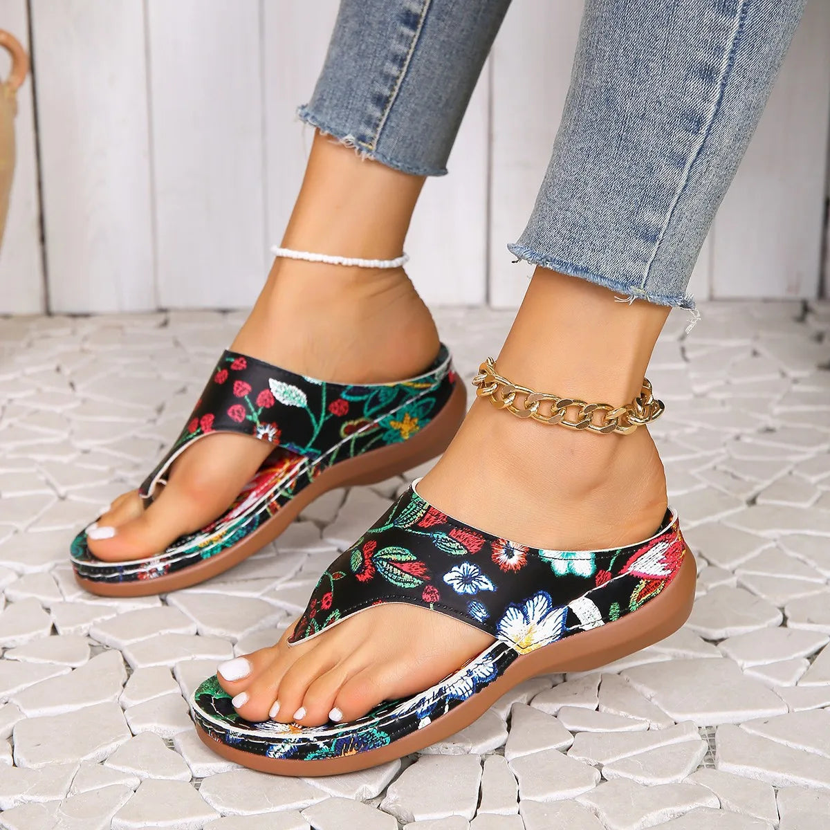 New Floral Thick Heel Sandals - Open Toes - Women's Shoes