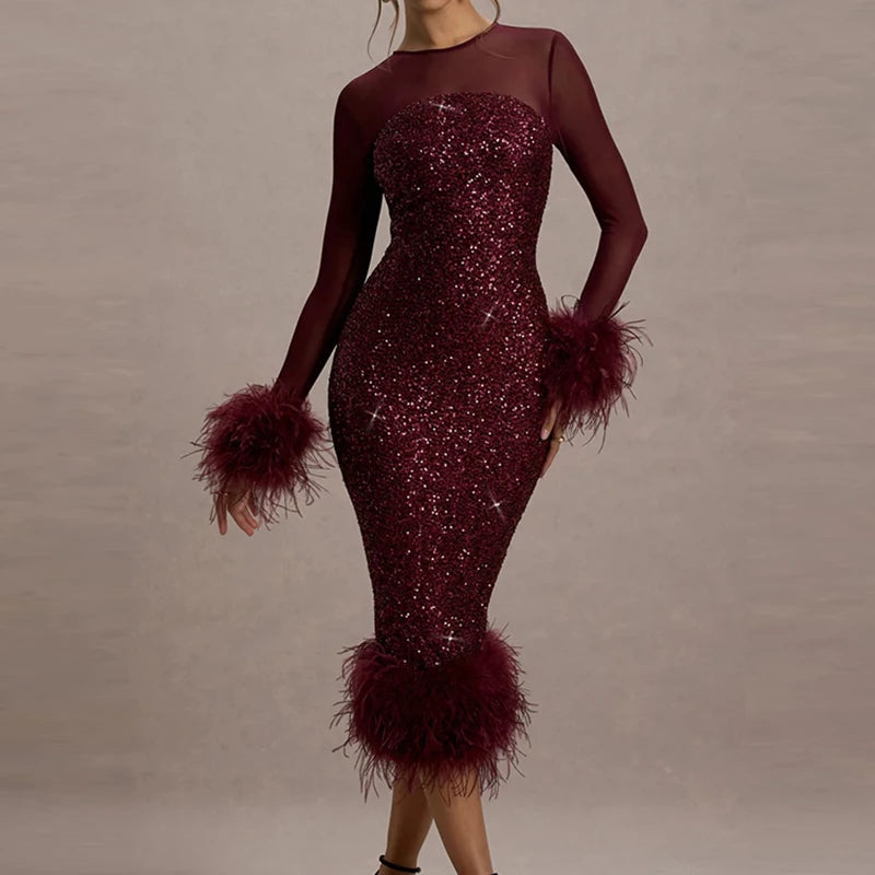 Feather Patchwork Mesh Party Dress – Elegant Slim A-Line Backless Maxi Dress for Women