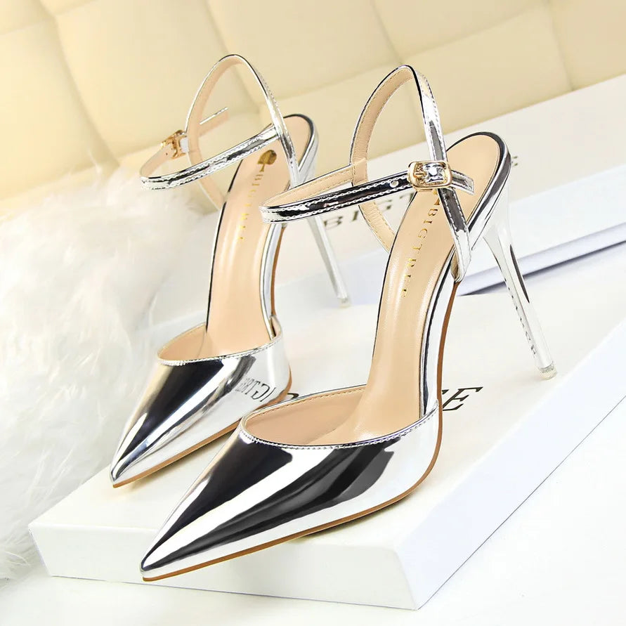 Metallic Patent High Heel Shoes – Ankle Strap Pointed Toe Sandals