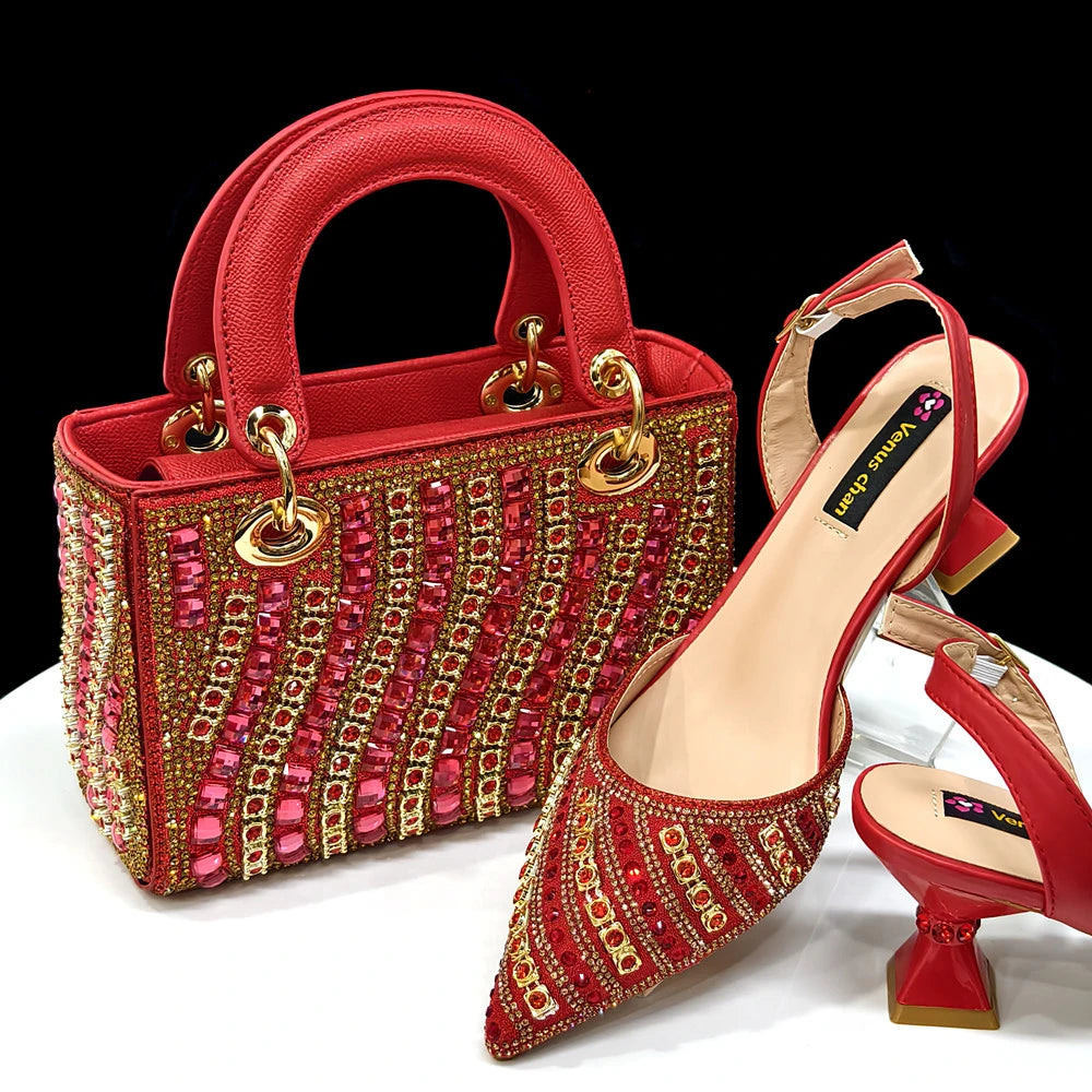 Rhinestone Pointed Toe Women’s High Heel Shoes & Matching Bag Set