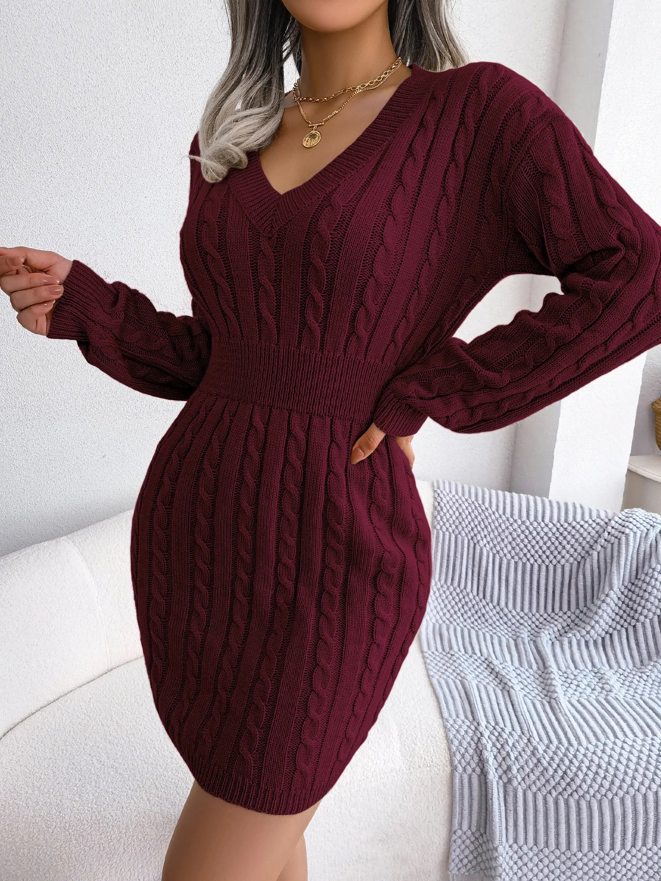 2026 V-Neck Bodycon Knit Dress – Long Sleeve Slim A-Line Autumn Winter Maxi Dress for Women