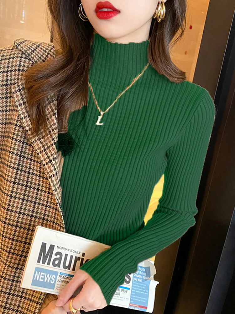 Elegant Slim Turtleneck Knit Top – Women’s Long Sleeve Basic Pullover | Korean Chic Winter Sweater