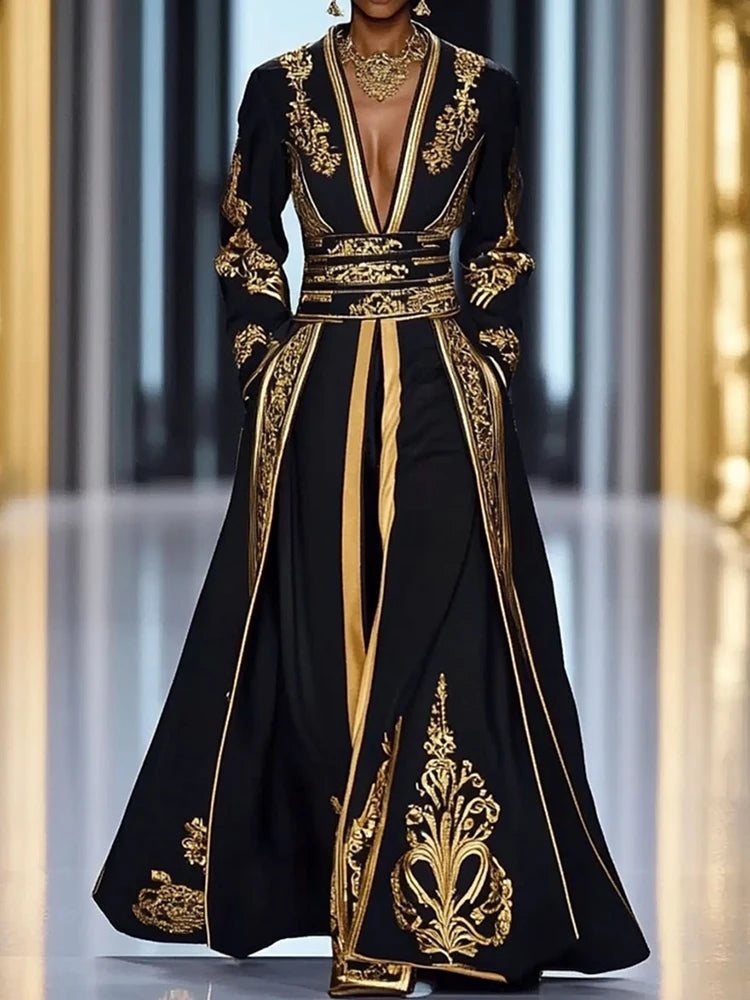 Retro Patchwork V-Neck Maxi Dress – Timeless Autumn Style with Modern Comfort