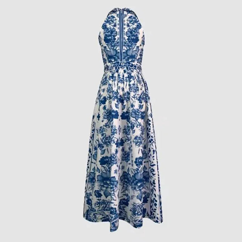 2026 Elegant Blue Geometric Maxi Dress – Vintage Floral Print Lapel A-Line Summer Gown for Women | Classic Party Dress