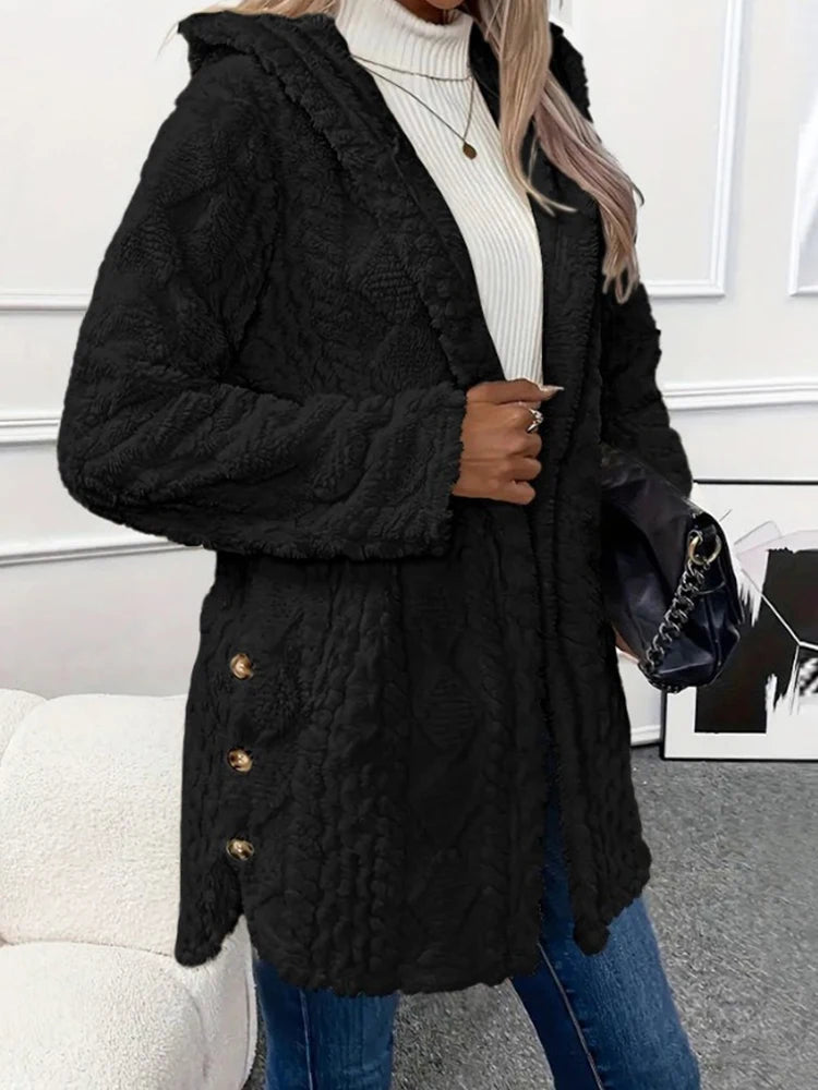 Thick Plush Hooded Cardigan for Women – Warm Single-Breasted Long Sleeve Winter Sweater Coat