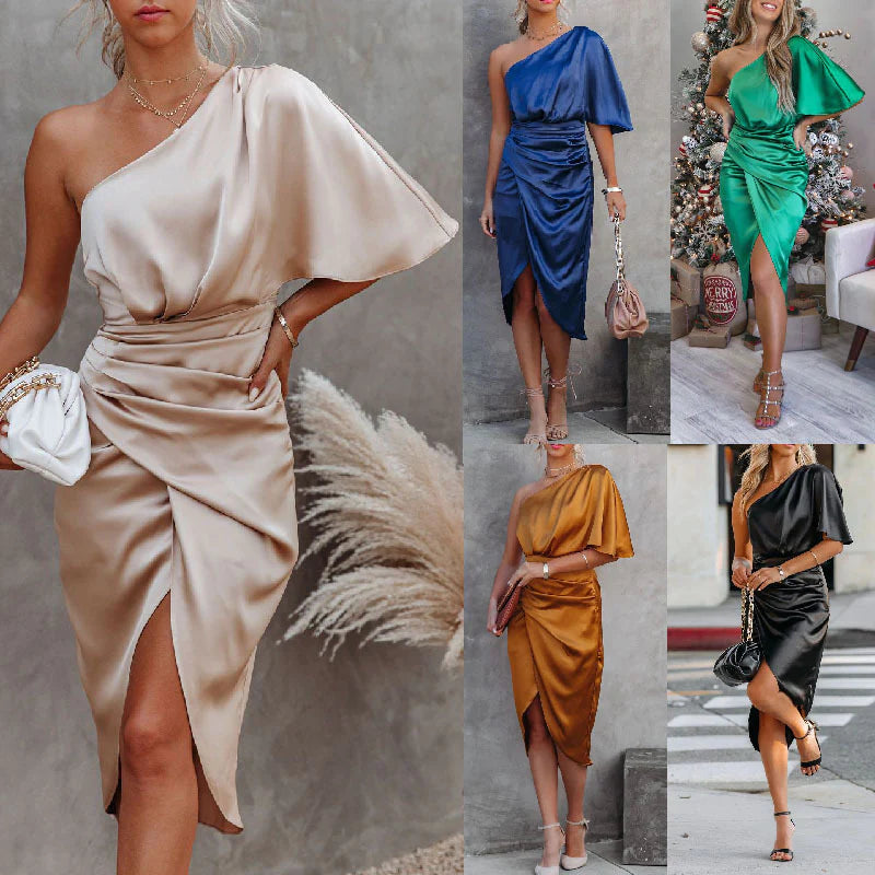 Women Elegant Dresses - Diagonal Collar Summer Sexy Satin Single Sleeve Pleated