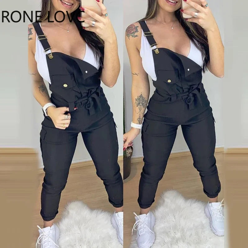Women Buckled Pocket Design Jumpsuit