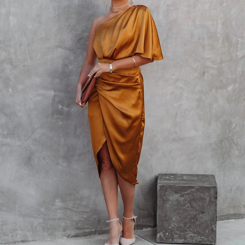 Women Elegant Dresses - Diagonal Collar Summer Sexy Satin Single Sleeve Pleated