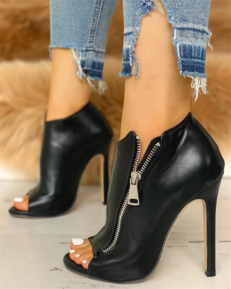 High Heel Women Sandals Shoes Solid Zipper Peep Toe Zip