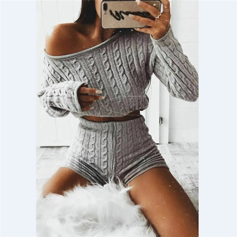 New Women Cable Knit Crop Top Lounge Wear Tracksuit