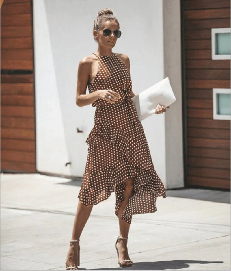 Vintage Women Polka Dot Dresses Summer Ruffles Halter Irregular Lace up Dress Sleeveless Dresses for Female Vestidos