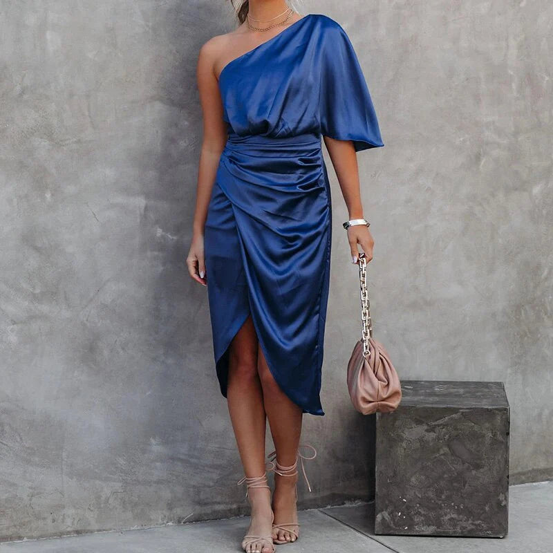 Women Elegant Dresses - Diagonal Collar Summer Sexy Satin Single Sleeve Pleated