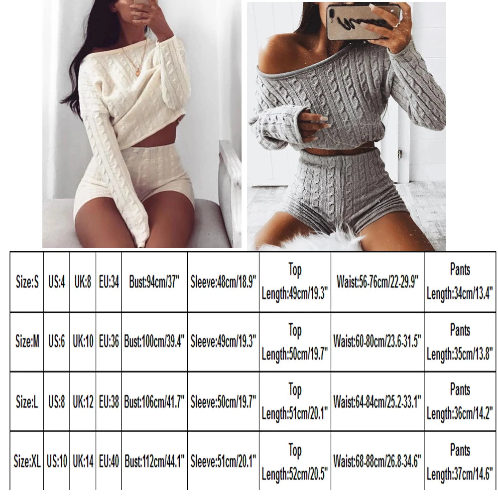 New Women Cable Knit Crop Top Lounge Wear Tracksuit