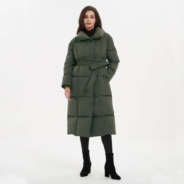 Elegant Tie Belt Long Thick Loose fitting Parkas Women Coat