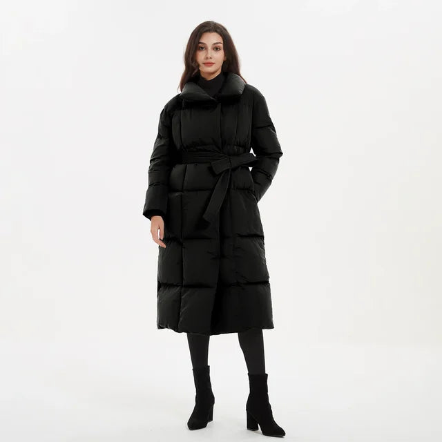 Elegant Tie Belt Long Thick Loose fitting Parkas Women Coat