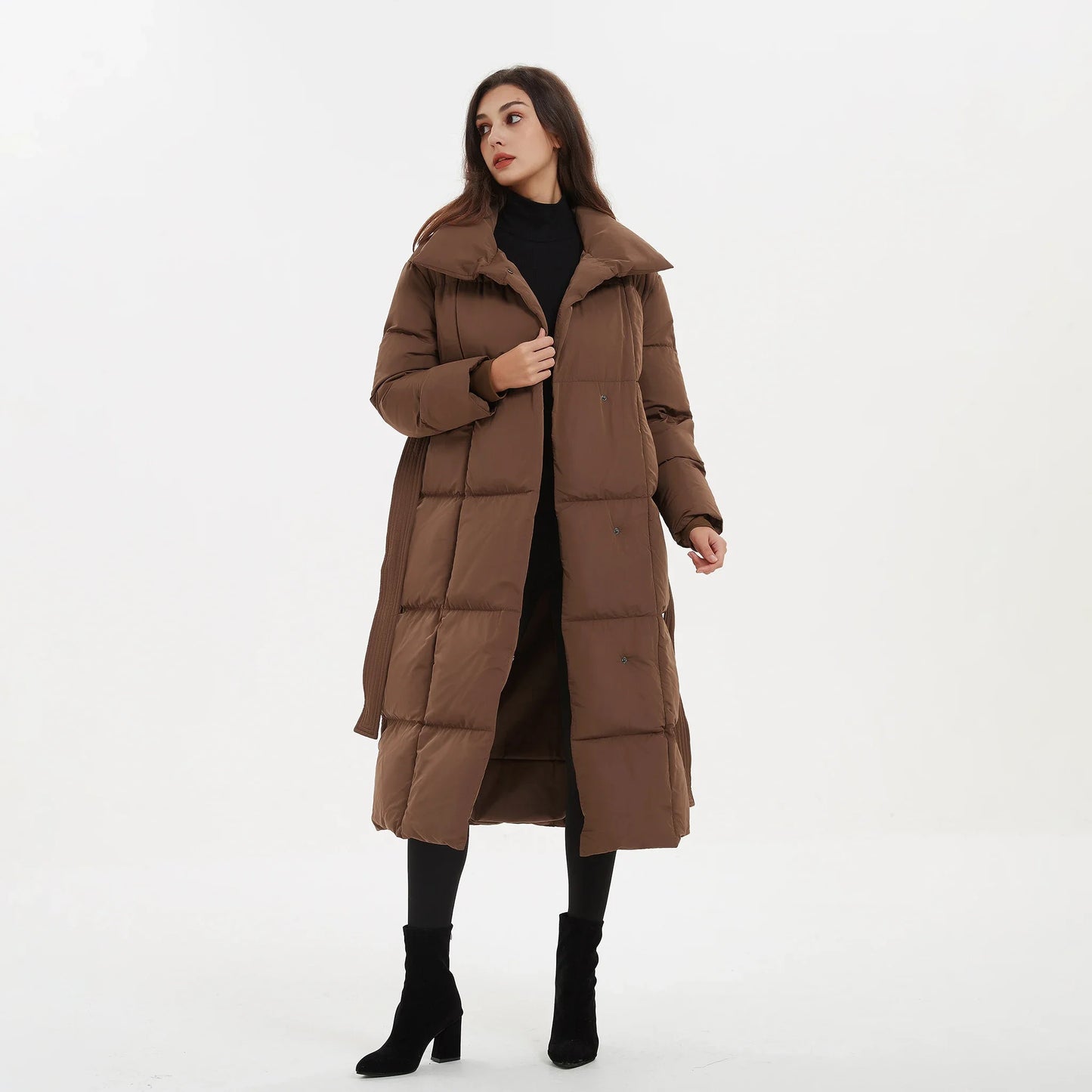 Elegant Tie Belt Long Thick Loose fitting Parkas Women Coat