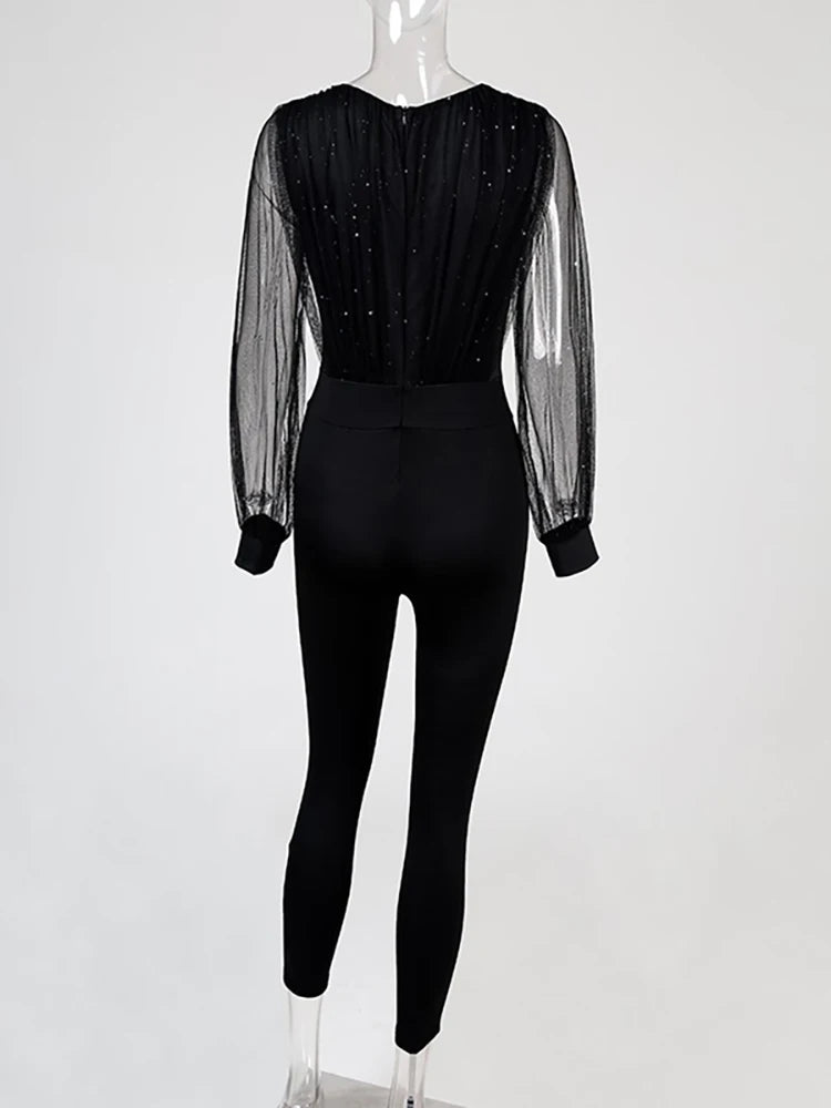 Spring Long Pants Rompers Women's Jumpsuit - Black Elegant Sequins Mesh Glitter Party Night Sexy