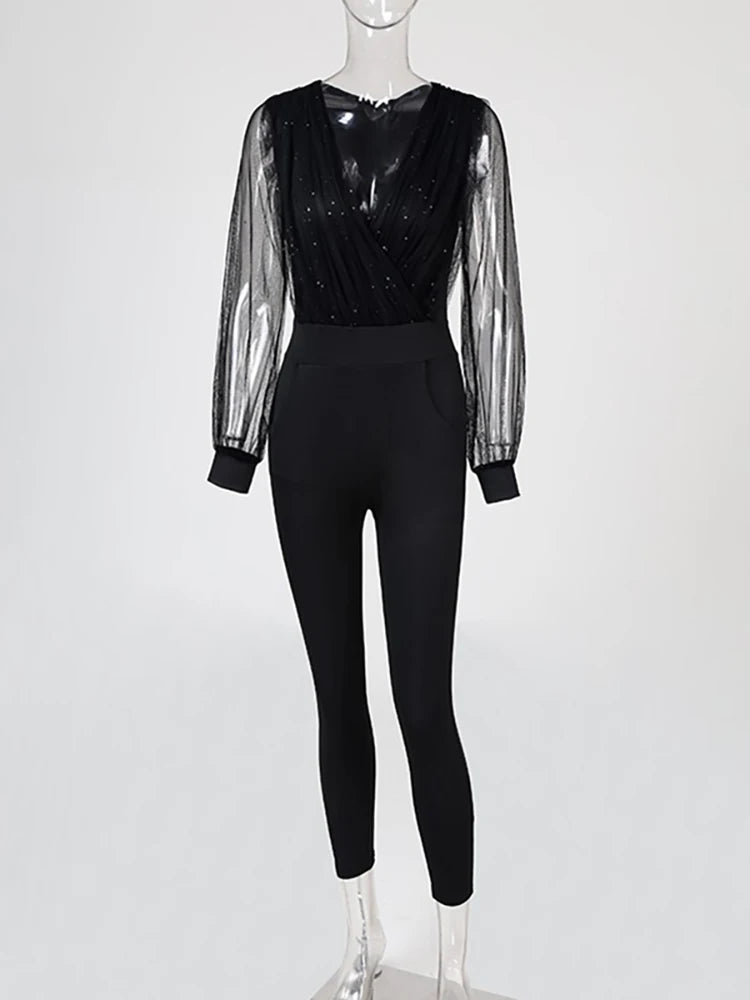 Spring Long Pants Rompers Women's Jumpsuit - Black Elegant Sequins Mesh Glitter Party Night Sexy