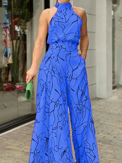 Women's Elegant Halter Jumpsuit - Wide Leg Long Pant