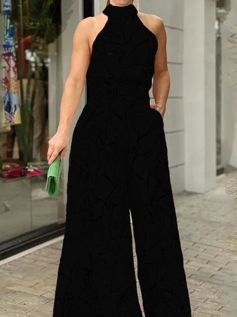 Women's Elegant Halter Jumpsuit - Wide Leg Long Pant