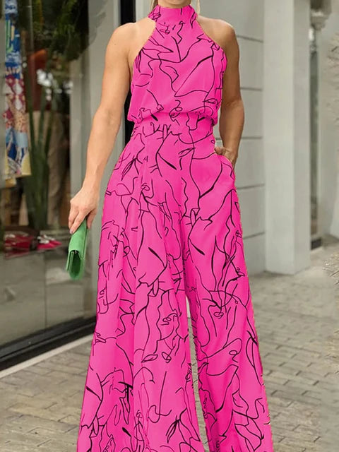 Women's Elegant Halter Jumpsuit - Wide Leg Long Pant