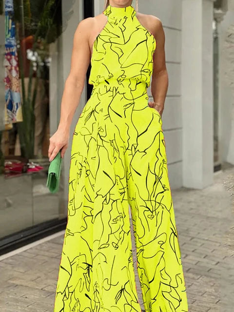 Women's Elegant Halter Jumpsuit - Wide Leg Long Pant