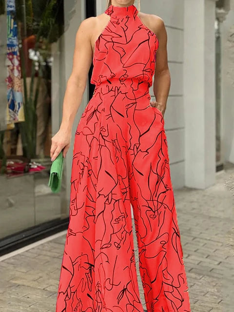 Women's Elegant Halter Jumpsuit - Wide Leg Long Pant
