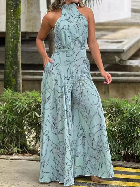 Women's Elegant Halter Jumpsuit - Wide Leg Long Pant