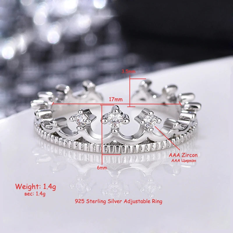 Jewelry 925 Sterling Silver Crown Open Adjustable Rings Fashion Party Exquisite Zircon Crown Ring Women&Girl Birthday Gift