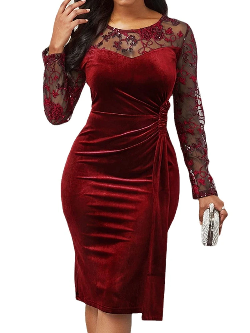 Velvet Pencil Dress Elegant Sexy Hollow Out Lace Long Party