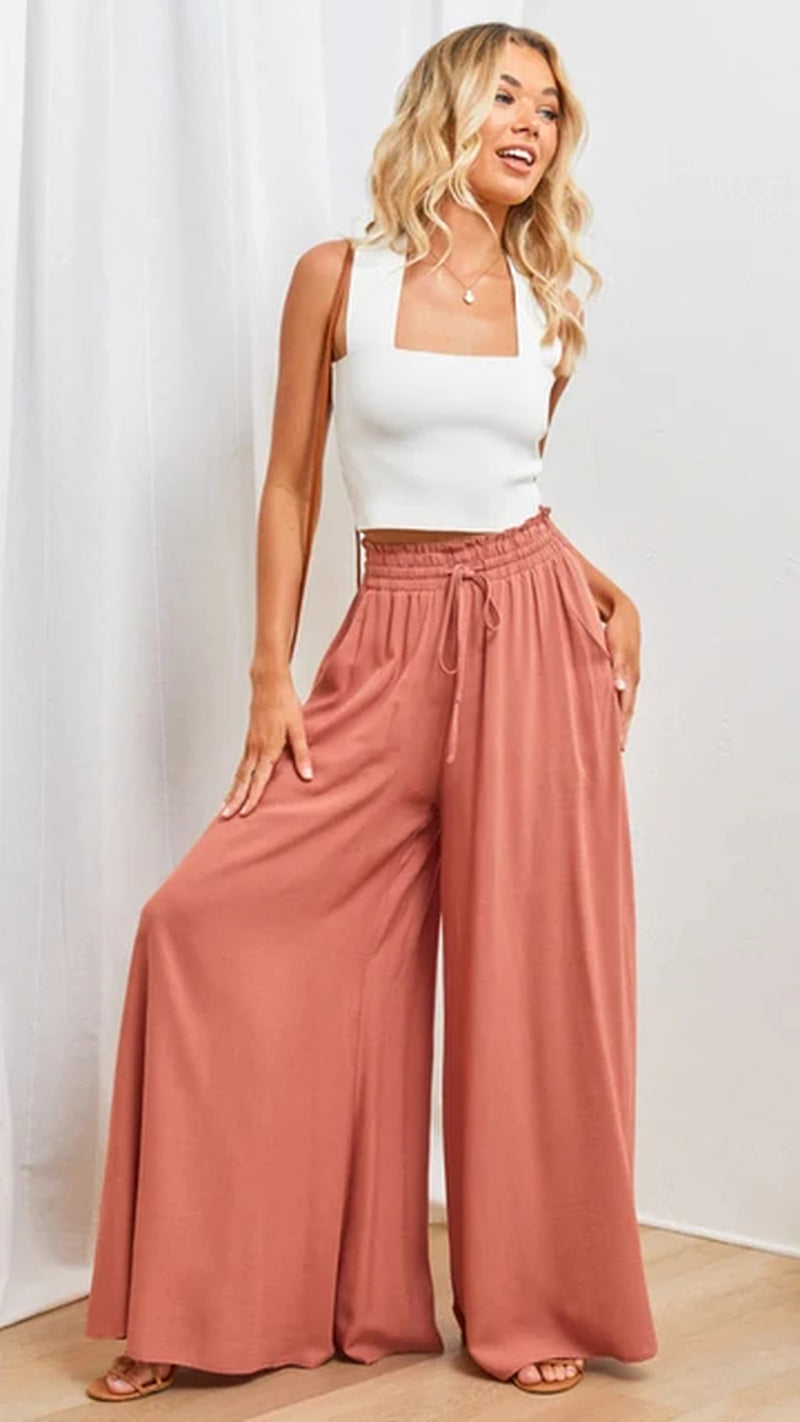 Summer Women'S Wde Leg Pants with Elastic Waistband