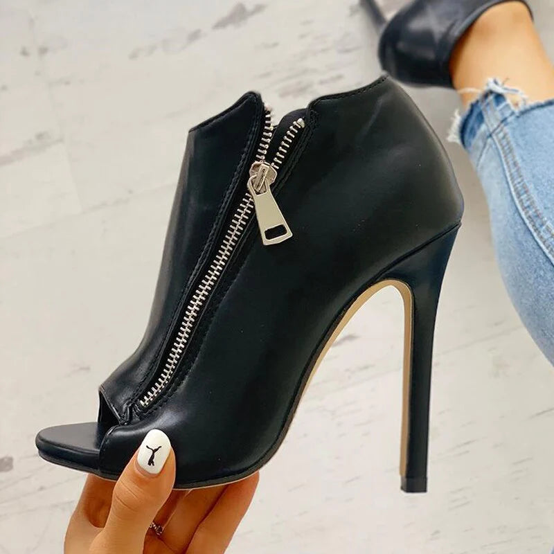 High Heel Women Sandals Shoes Solid Zipper Peep Toe Zip