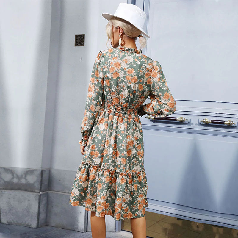 Fashion Women'S Temperament Ruffled Print Vintage Long-Sleeved Dress