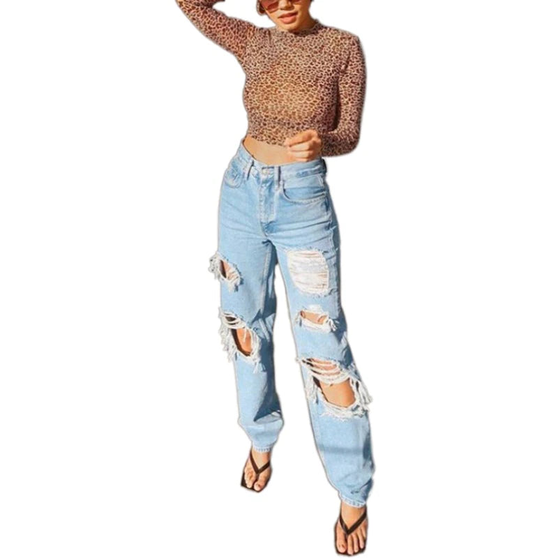 Ripped Straight Leg Jeans High Waist Loose Denim