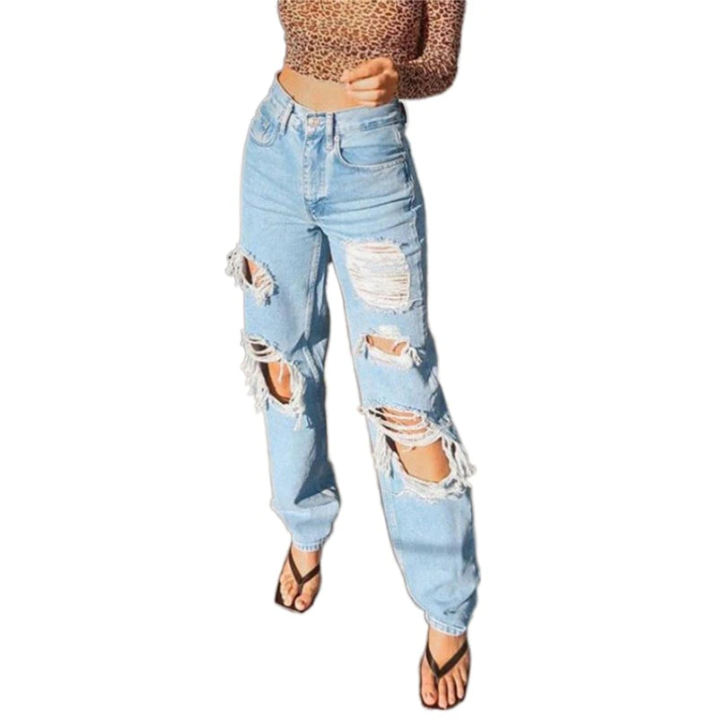Ripped Straight Leg Jeans High Waist Loose Denim