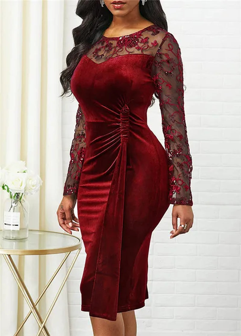 Velvet Pencil Dress Elegant Sexy Hollow Out Lace Long Party
