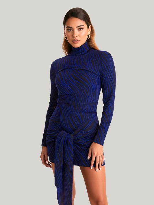 Women’s Blue Glitter High Neck Long Sleeve Party Dress