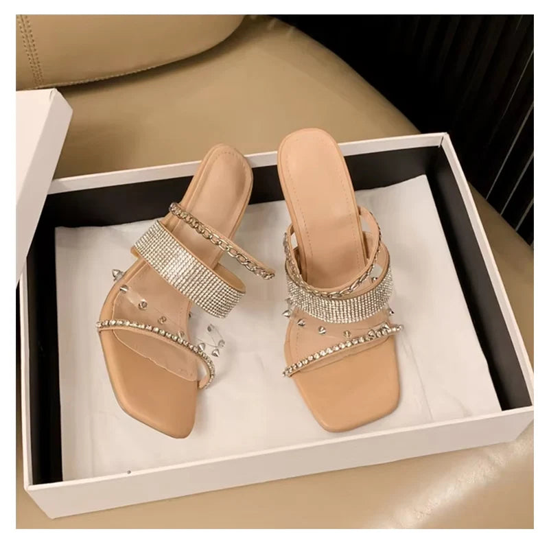 2025 Women's High Heel Crystal Diamond Rivet Slippers Purple Casual Pink Fashion Stiletto Sandals