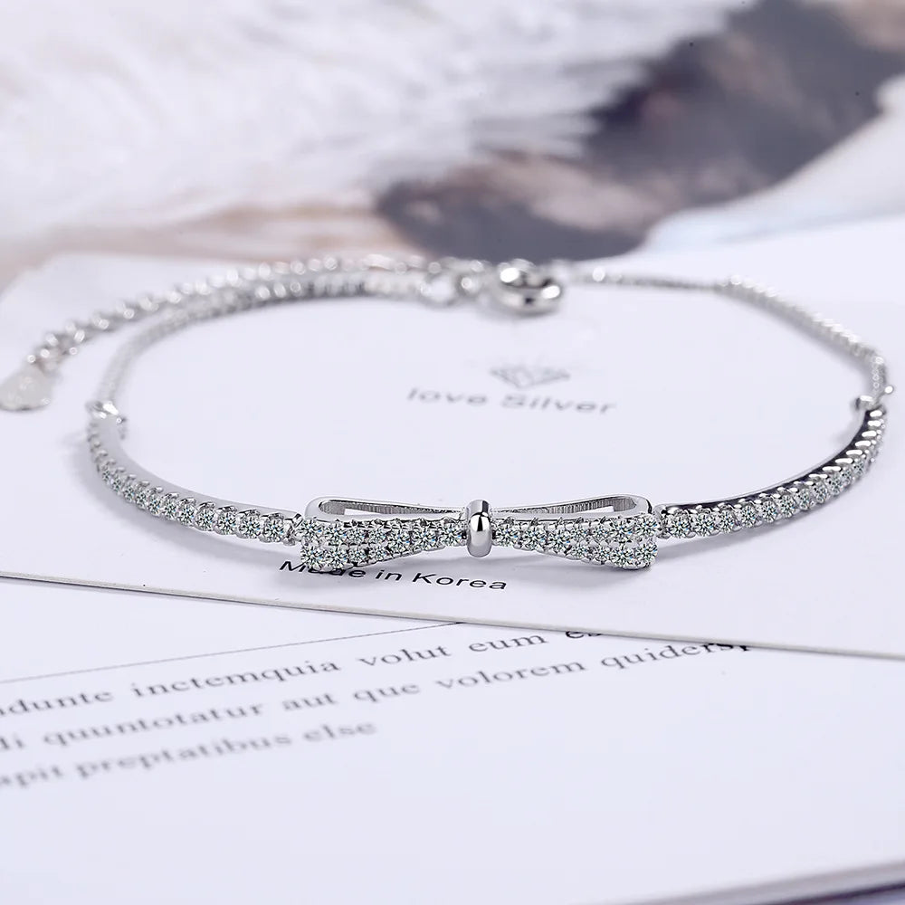 925 Sterling Silver Bowknot Tennis Bracelet – for Women & Girls (Wedding & Party Gift)