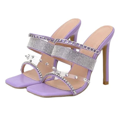 2025 Women's High Heel Crystal Diamond Rivet Slippers Purple Casual Pink Fashion Stiletto Sandals