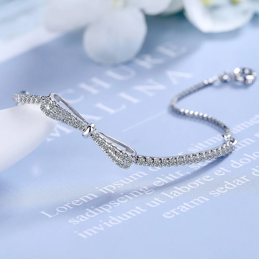925 Sterling Silver Bowknot Tennis Bracelet – for Women & Girls (Wedding & Party Gift)
