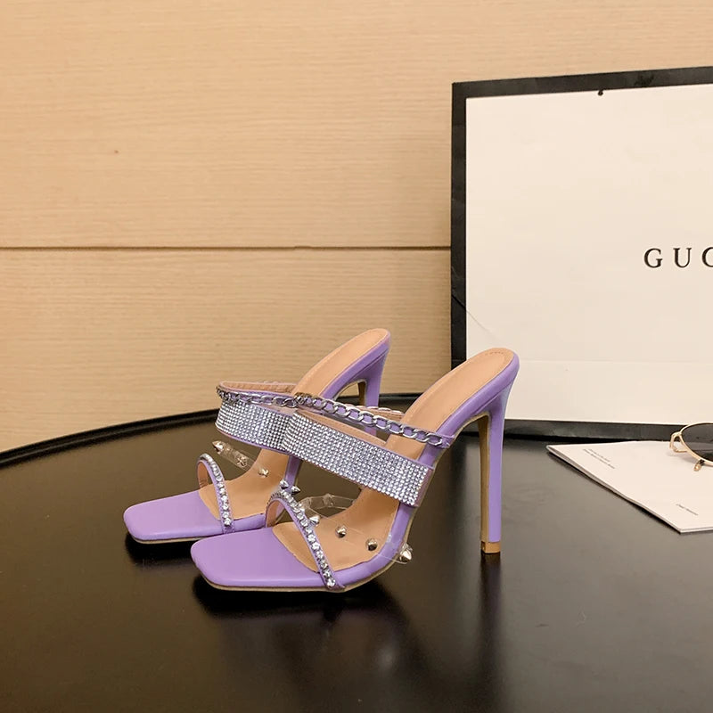 2025 Women's High Heel Crystal Diamond Rivet Slippers Purple Casual Pink Fashion Stiletto Sandals