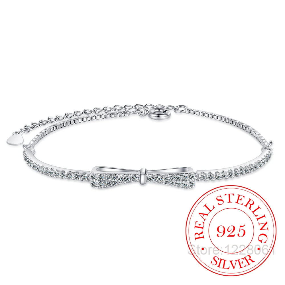 925 Sterling Silver Bowknot Tennis Bracelet – for Women & Girls (Wedding & Party Gift)