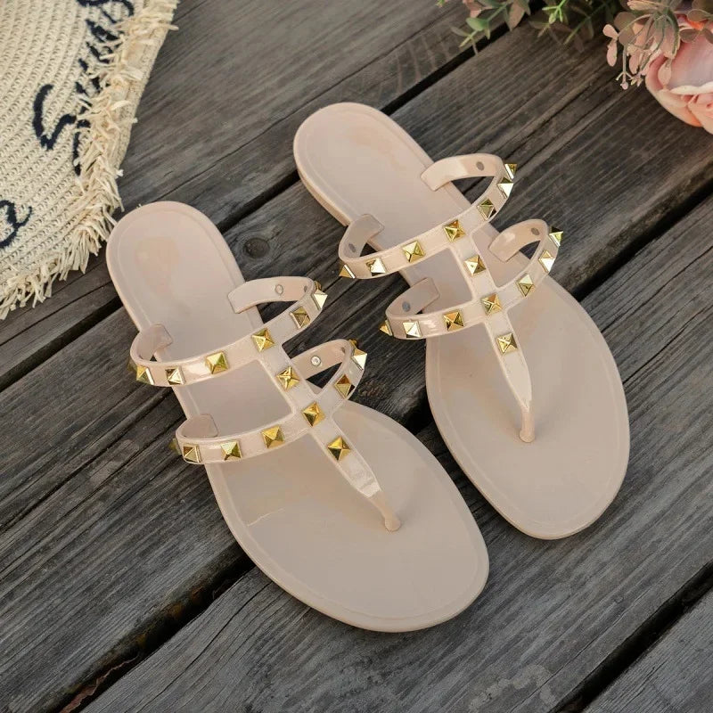 Summer New Women's Flat Bottom Sandals Rivet Jelly Beach Shoes Anti-Slip Holiday Slippers Fashionable PVC Upgraded Version