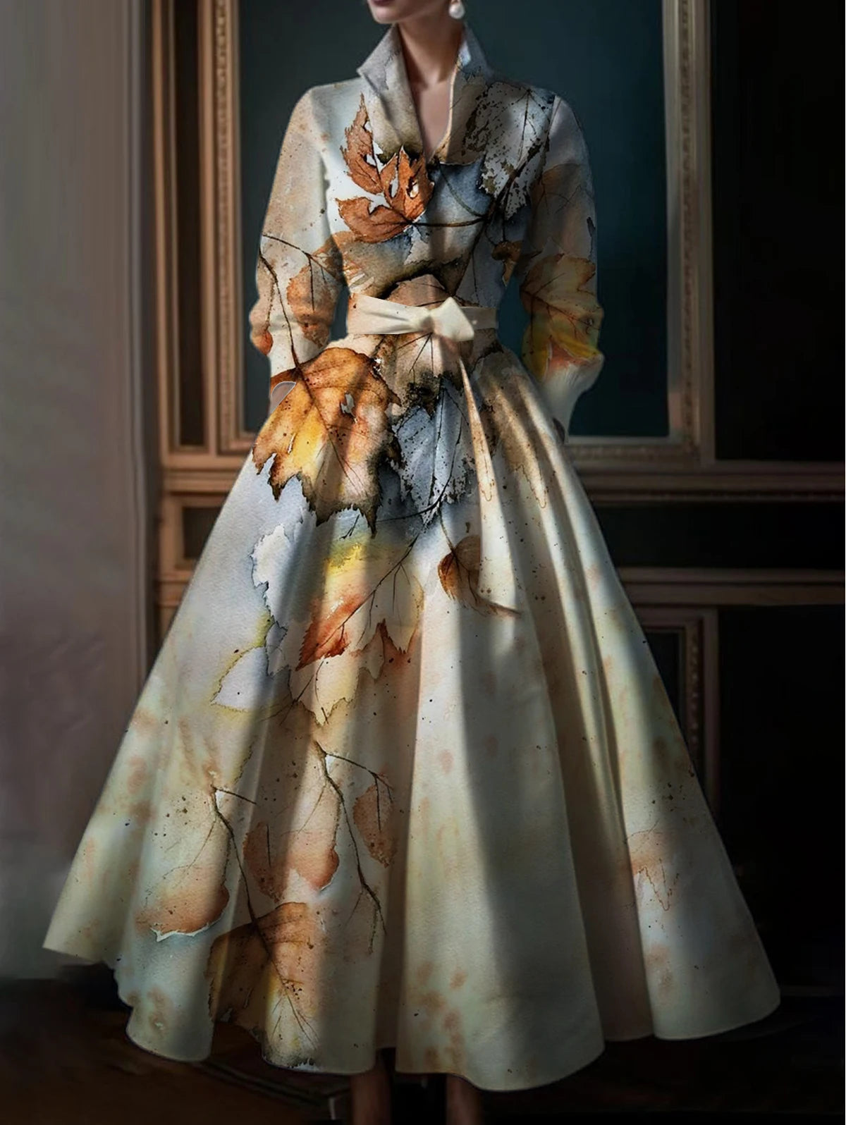 2026 Elegant Floral Maxi Dress – Long Sleeve Turndown Collar Vintage A-Line Evening & Wedding Party Dress for Women